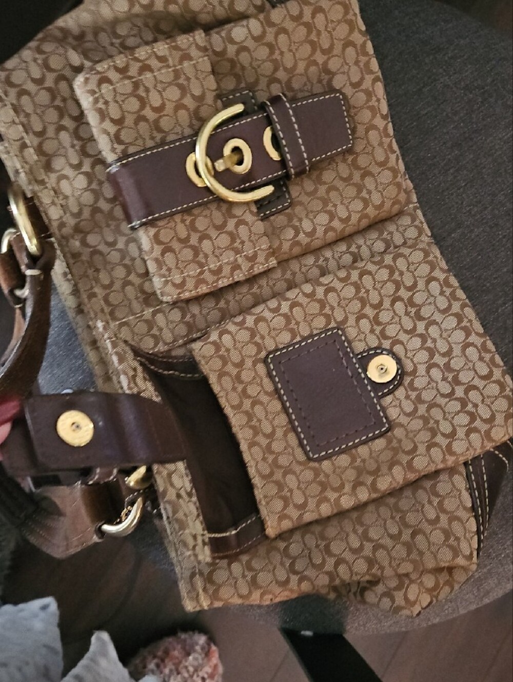 Coach Beige Patterned Canvas Tote with Brown Leather Trim - Picture 8 of 9